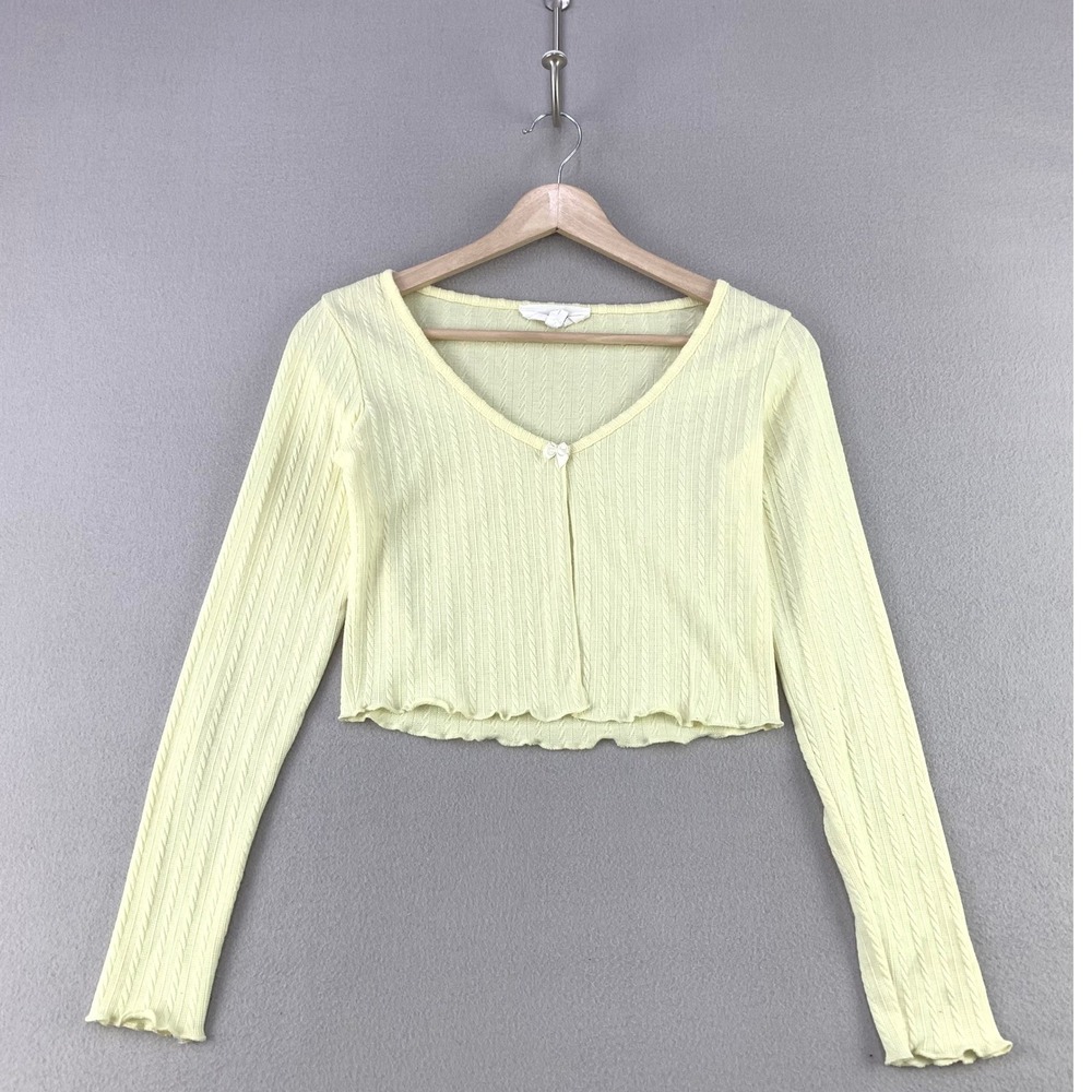 Pink Rose Cable Knit Cardigan Women XS Yellow Cropped Y2K Coquette Bow